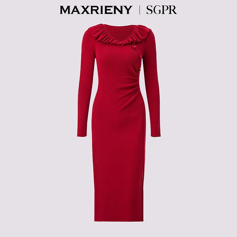 MAXRIENY新款气质衬衫拼接连衣裙显瘦长袖针织时尚MS85DR759R50