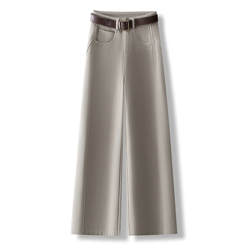 奶茶色加绒直筒阔腿裤2025冬季新款高腰显瘦垂感宽松窄版牛仔裤子