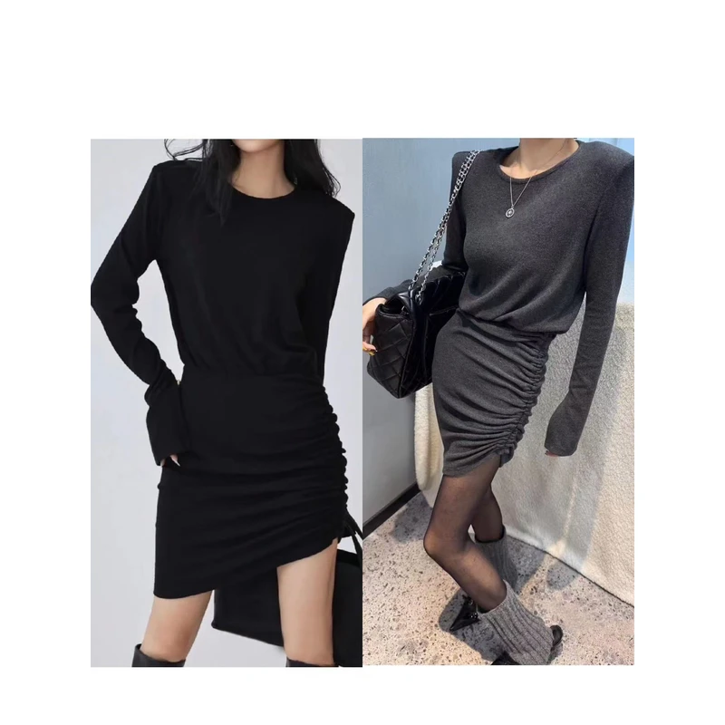 QZ35依美丁时尚秋冬气质磨毛绒单侧褶皱开叉袖连身T裙（带胸针）