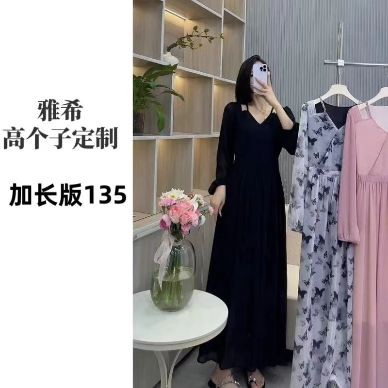 大妍定制~【水墨蝴蝶】法式长袖修身收腰连衣裙宽松超仙高个子长裙