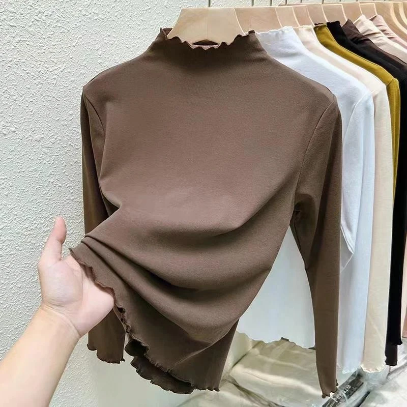 2024新款半高领大码长袖打底衫女春秋纯色内搭修身木耳边t恤上衣