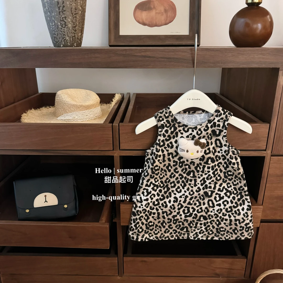【甜品起司】原创！女宝宝超可爱豹纹Kitty幼儿园休闲时髦舒适背心裙