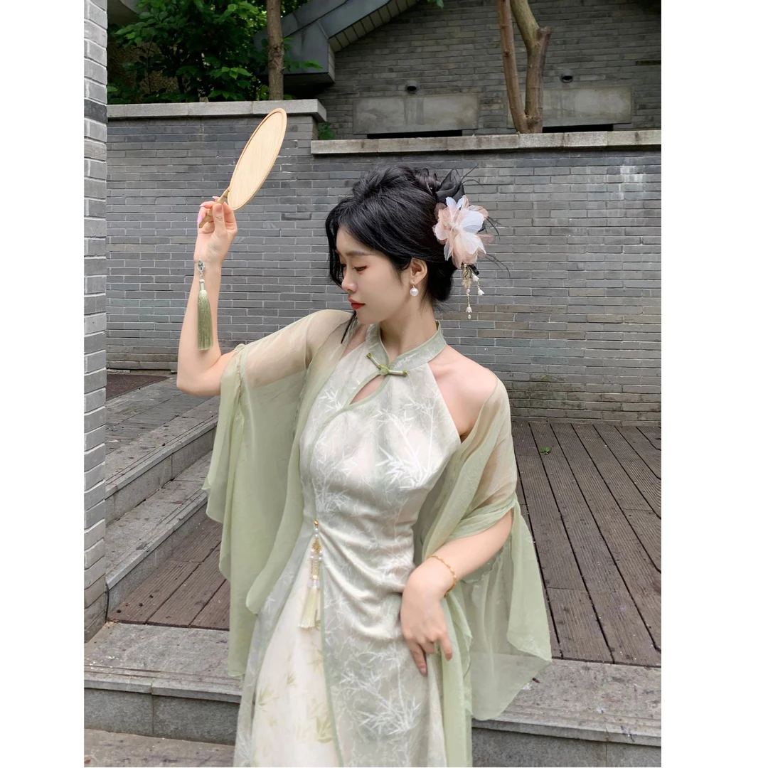 竹影皓月 国风中式夏季提花拼接印花挂脖旗袍连衣裙+开衫两件套