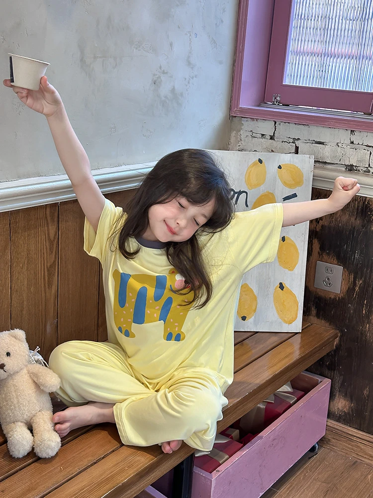儿童卡通家居服套装中大小男女童韩版洋气莫代尔睡衣夏季薄款短袖