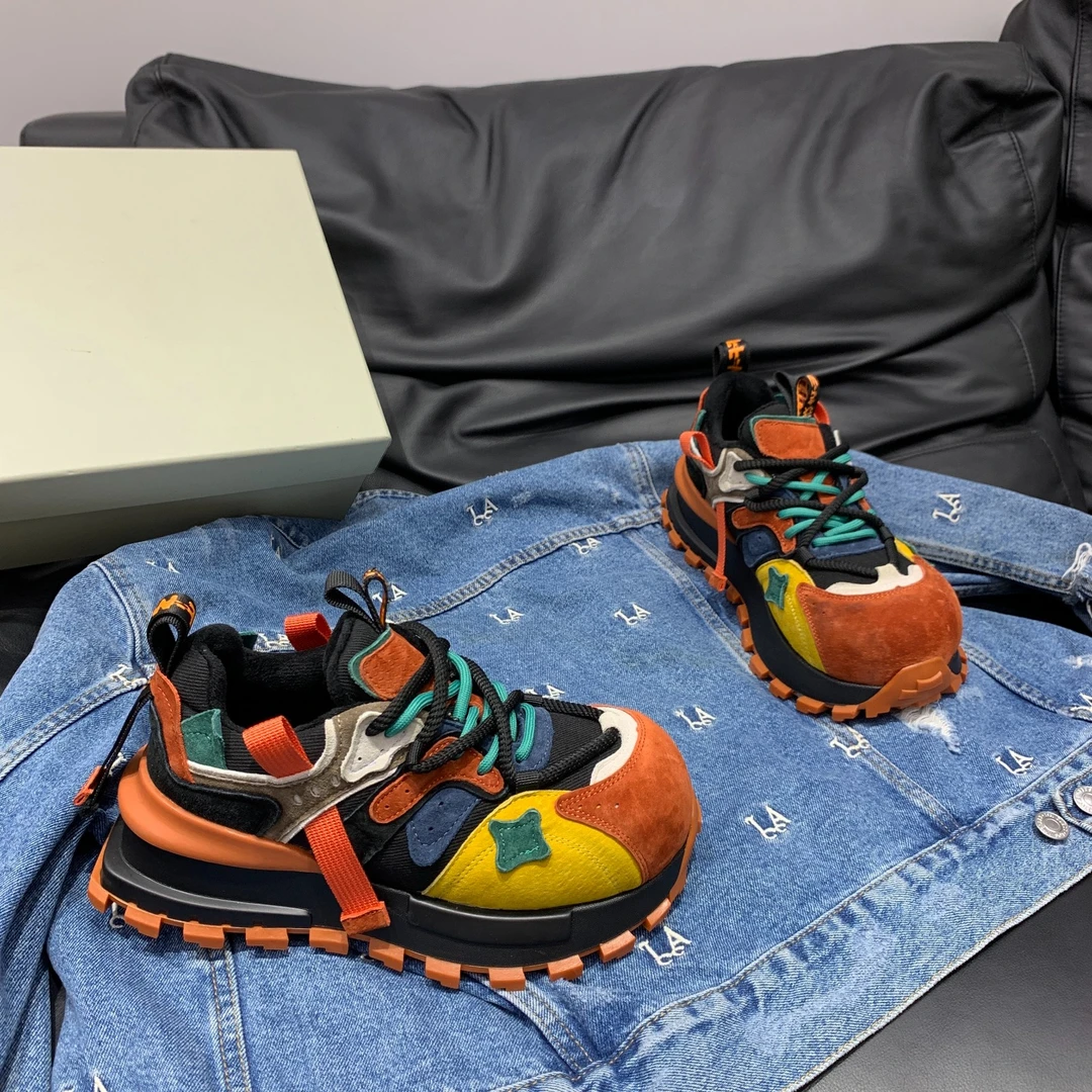 欧洲站鸳鸯厚底大头拼色老爹鞋女2025新款超火网红黄色运动休闲鞋