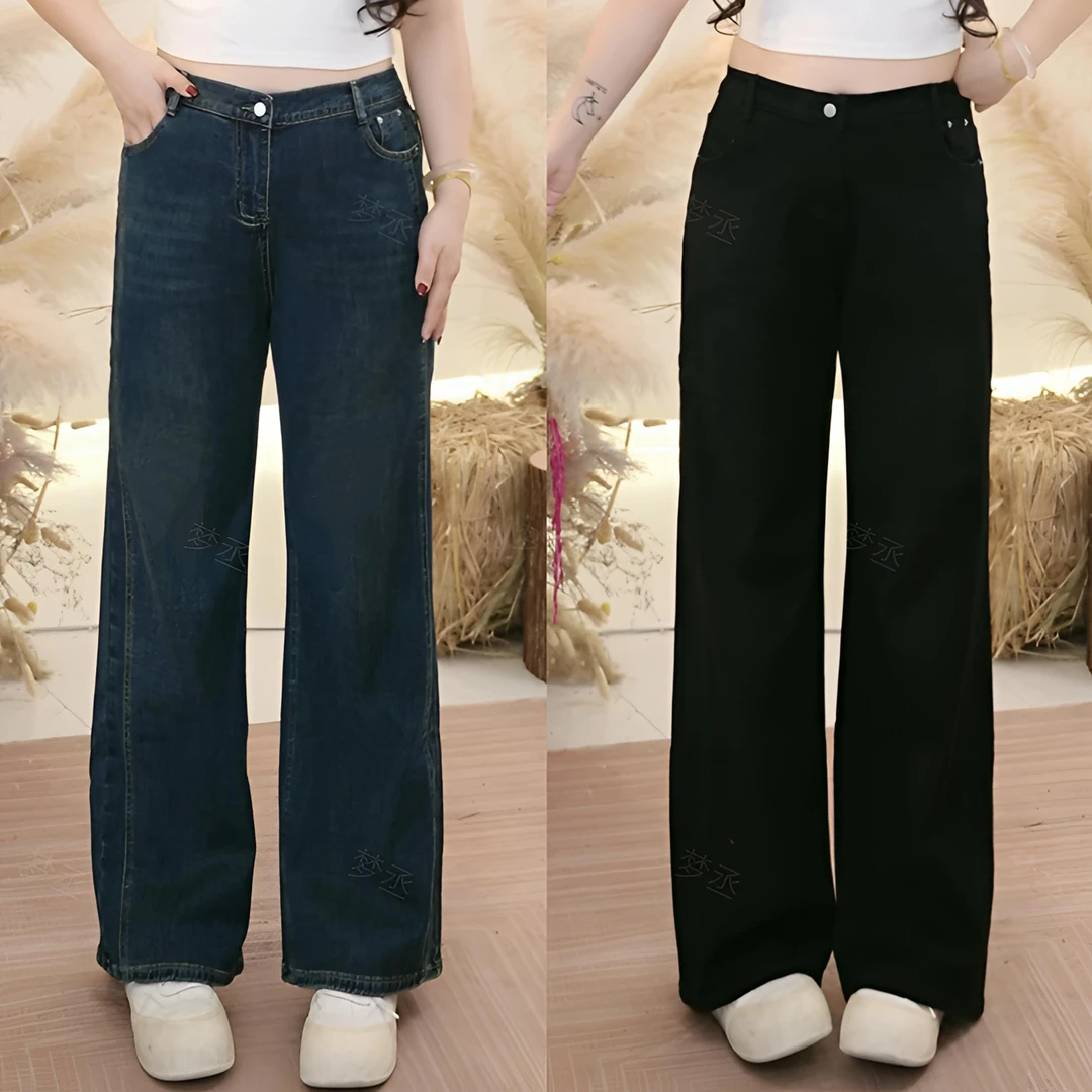 【拉腿特效】大码女装高腰纯色长裤宽松百搭遮跨显瘦弹力阔腿牛仔裤