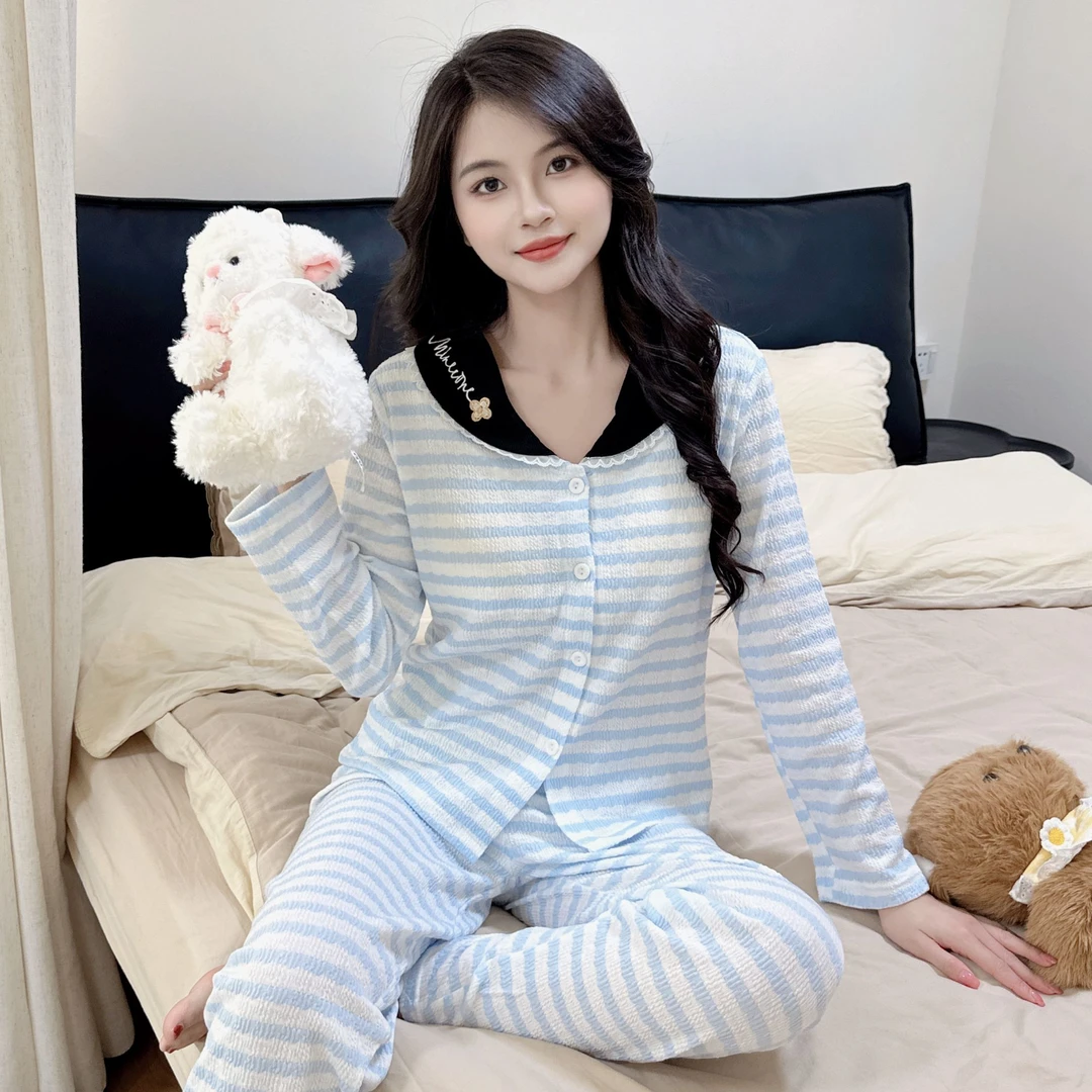 【带胸垫一体】休闲长袖秋季条纹娃娃领套装家居服套装睡衣高腰女