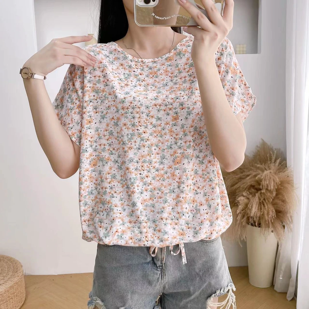 棉质上衣女夏季宽松大码休闲短袖显瘦人造棉小衫