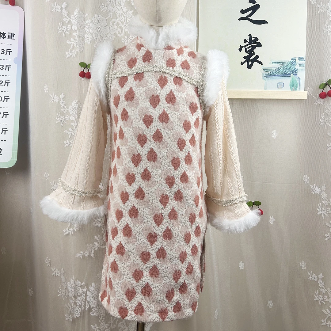 女童旗袍2025加绒新款小女孩新中式日常冬装儿童拜年服粉色过年服