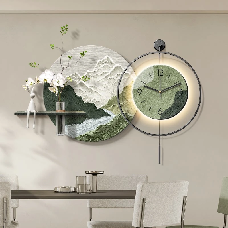 背有靠山餐厅装饰画肌理画立体高级感山水挂画客厅背景墙钟表挂钟