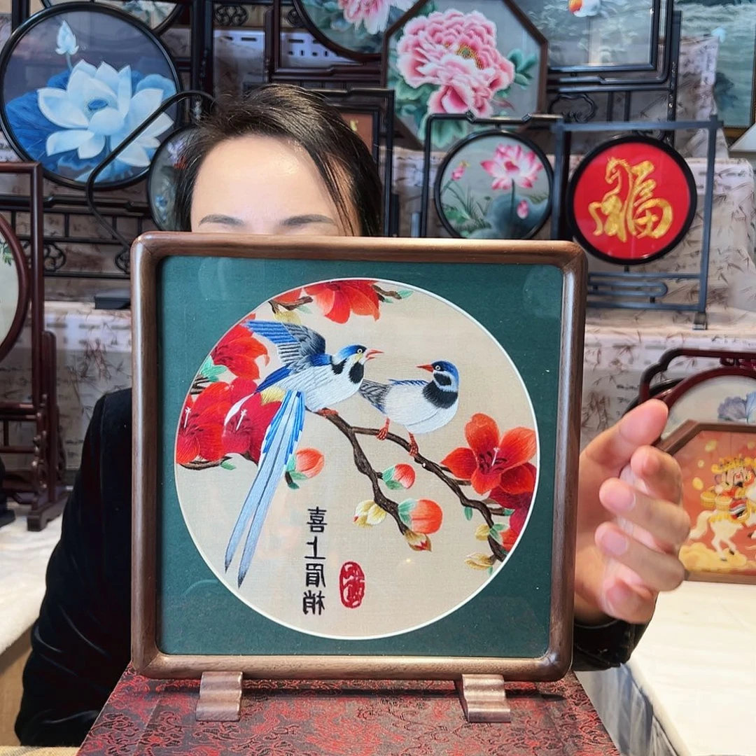 织绣苏绣摆台胡桃木手工双面