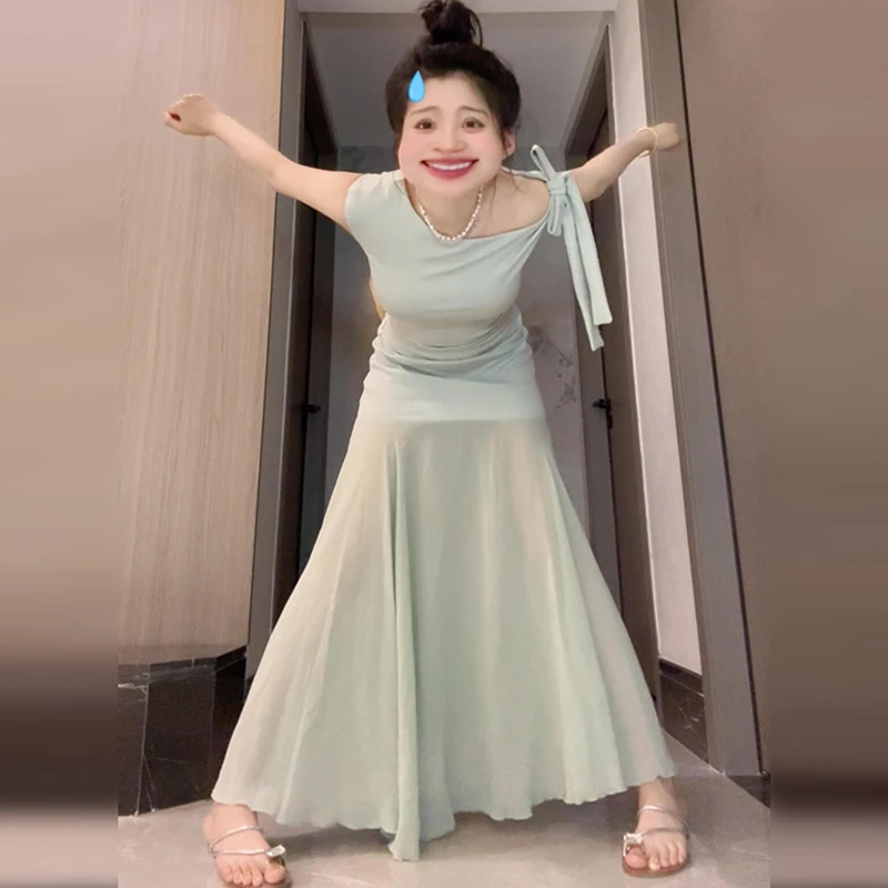 法式网纱拼接超好看斜肩连衣裙女夏季2025新款设计感气质露肩长裙