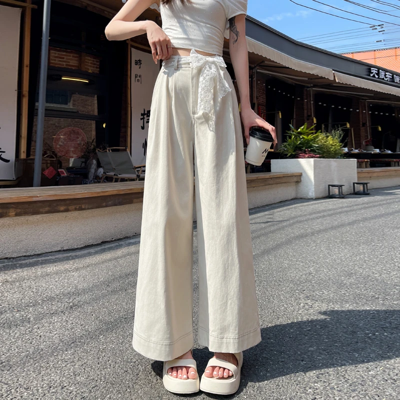 洗水棉阔腿裤女夏季薄款小个子蕾丝系带松紧腰宽松显瘦九分直筒裤