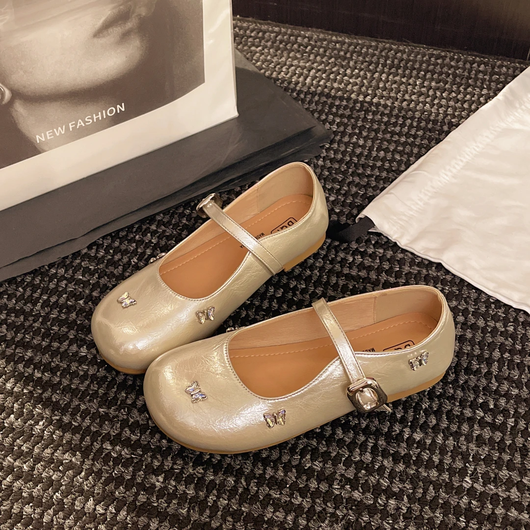 水钻蝴蝶结单鞋仙女风芭蕾银色懒人一脚蹬玛丽珍鞋