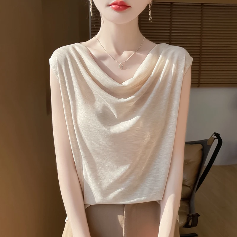 无袖荡领T恤女背心夏季薄款时尚收腰上衣宽松显瘦休闲针织衫短袖