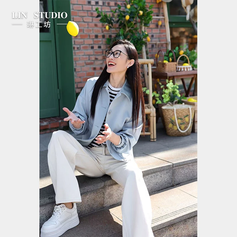 琳工坊“玉雨”蓝色外套夹克休闲时尚干练宽松休闲显瘦唐琳设计师