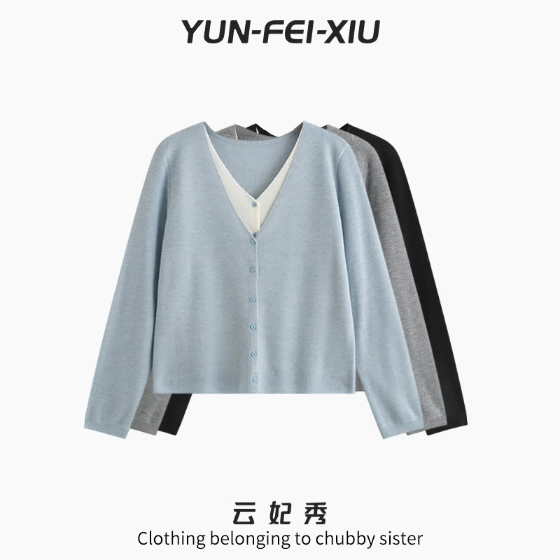 云妃秀大码女装针织衫时尚休闲宽松显瘦V领假两件撞色上衣春22868