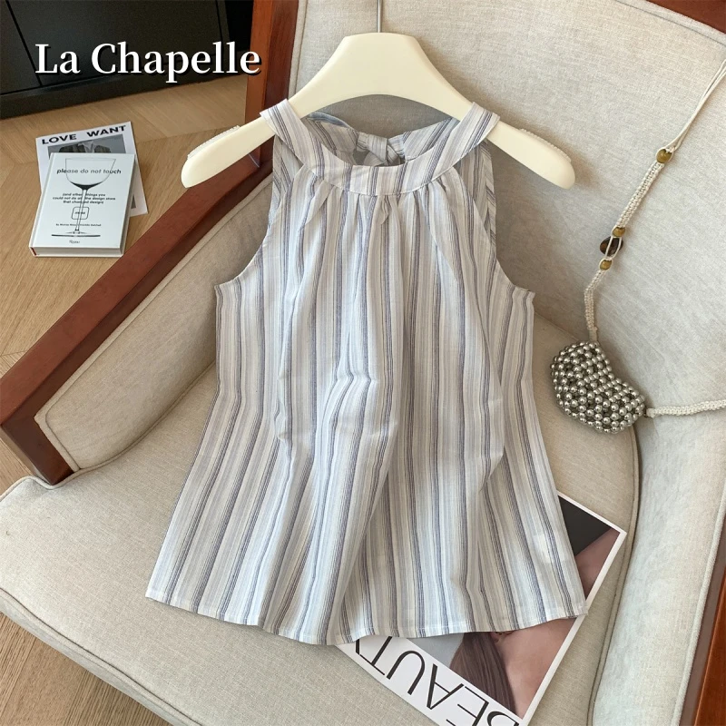 拉夏贝尔韩系高级感条纹衬衫女夏季新款显瘦无袖系绳宽松短袖上衣