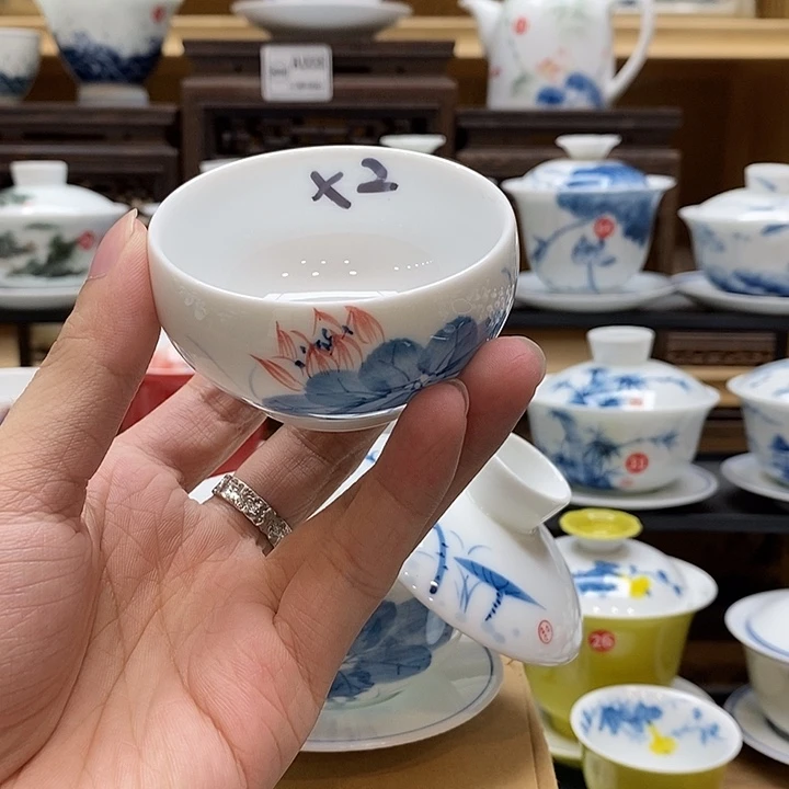手绘雨后荷花主人杯65cc两个装釉下彩微瑕福利款