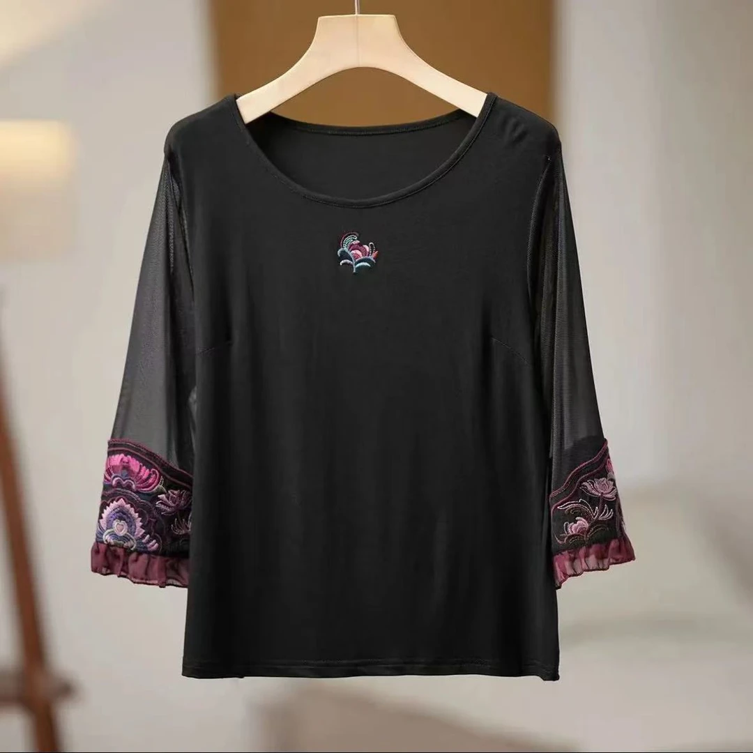 新中式刺绣高弹力薄款打底衫