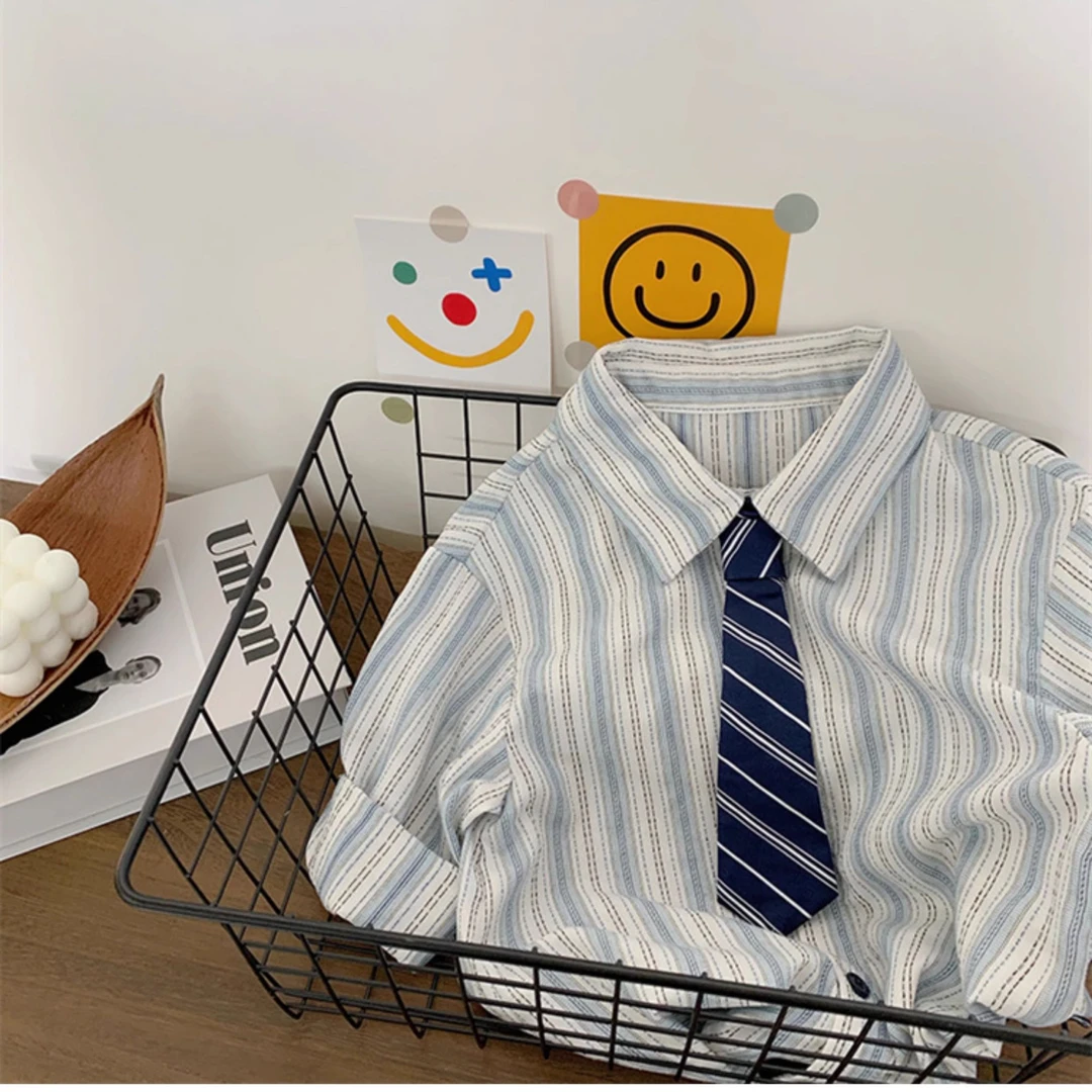 【学院风】男童2025春秋新款中小童衬衫韩版洋气条纹宝宝帅气上衣潮