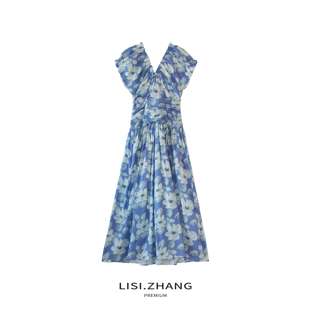 LISI.ZHANG--【V领连衣裙】数码印花高腰显瘦大V领大摆长裙