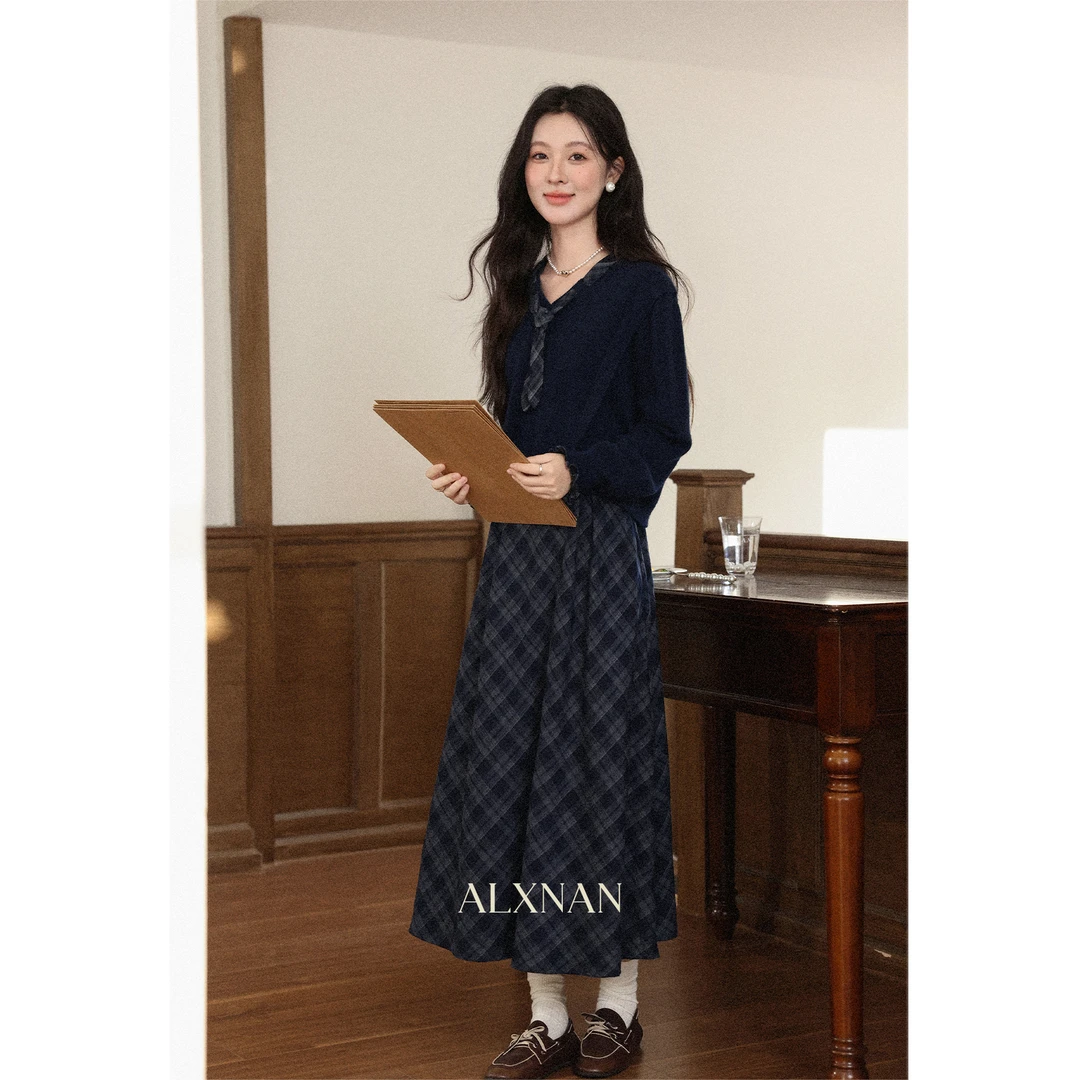 鹿向南「雾都黎明」秋季小众藏青上衣蓝色格子吊带连衣裙时尚套装