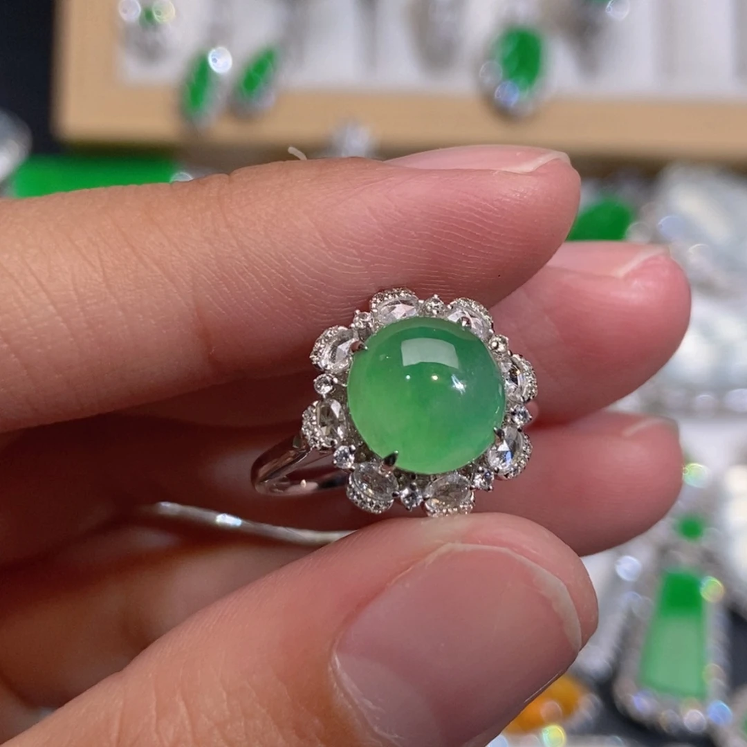 翡翠18K金镶嵌戒指天然缅甸A货翡翠