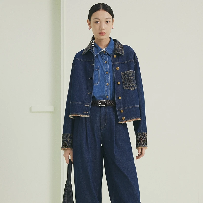 firststation休闲摩登微落肩提花牛仔夹克短外套女25春新款J197A