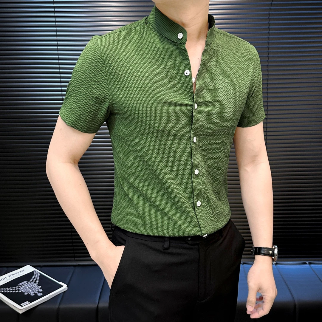薄荷曼波短袖衬衫男上衣夏季休闲泡泡纱立领衬衣男款爆款2025新款