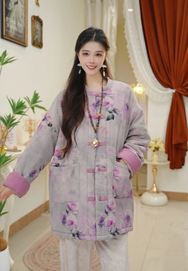 2025冬复古盘扣棉麻印花新中式国风棉衣女文艺宽松显瘦中长款棉服