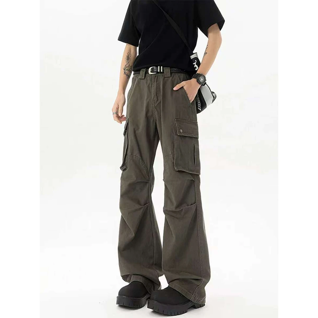 美式复古军绿色工装裤男款夏薄款cleanfit阔腿弯刀裤子直筒微喇裤