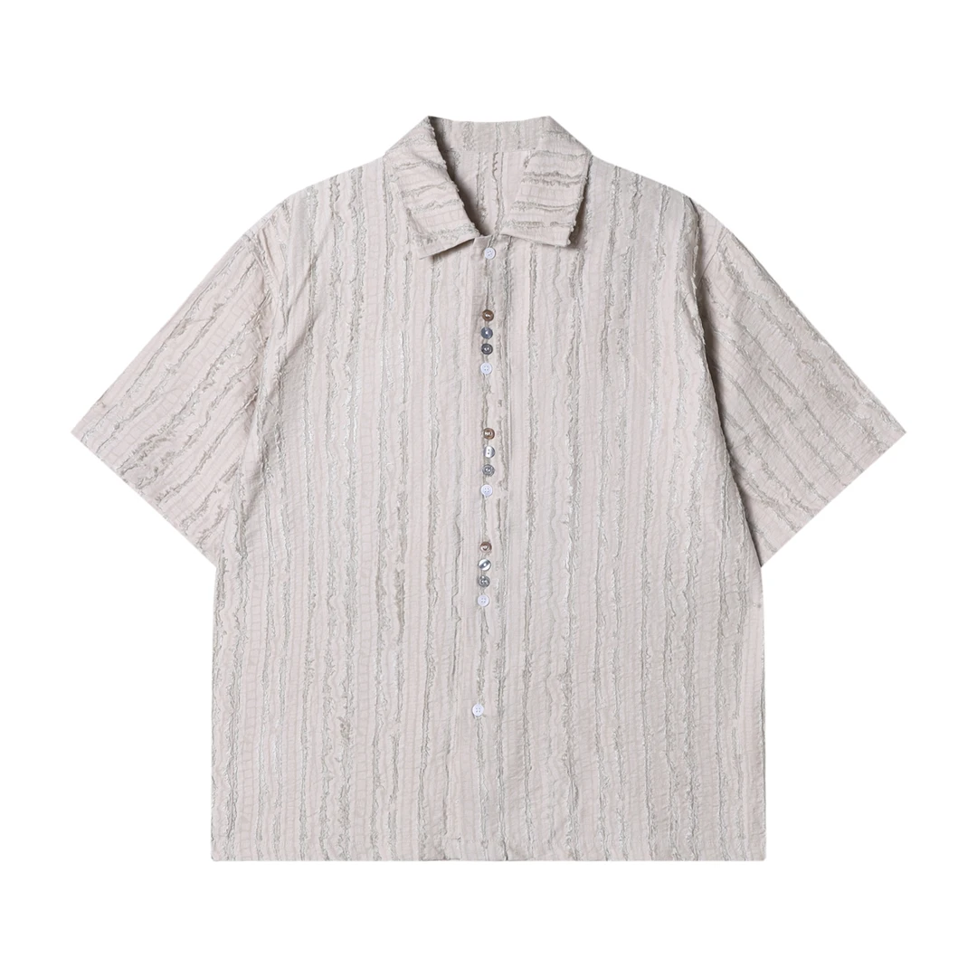 夏季高级感新款韩版纯色竖纹肌理感短袖衬衫休闲复古时尚上衣