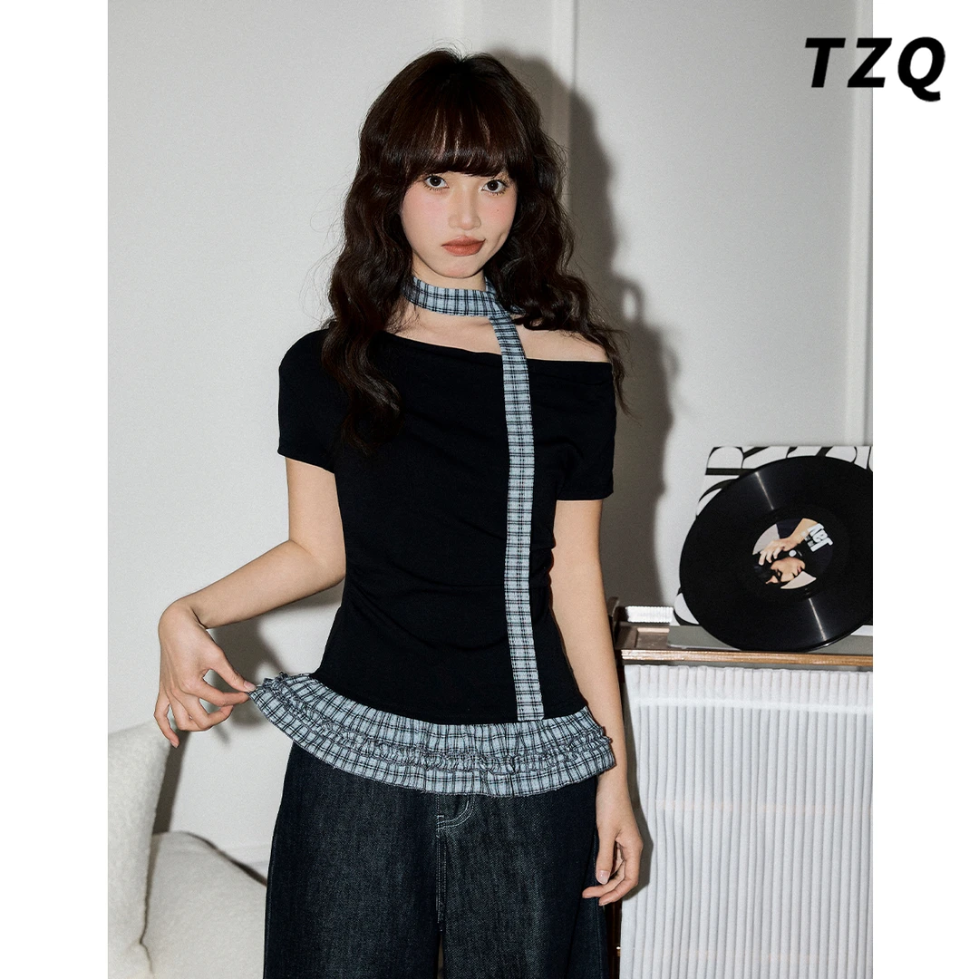 黑色假两件短袖t恤女2025夏季修身斜肩设计感上衣潮TZQ2532510