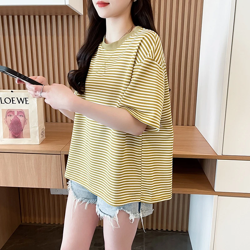 2025新款短袖小个子后开叉设计条纹T恤时尚宽松显瘦韩版上衣打底