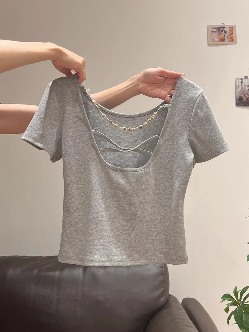 贝壳链条露背正肩短袖T恤女2025夏季新款小个子甜辣妹上衣设计感