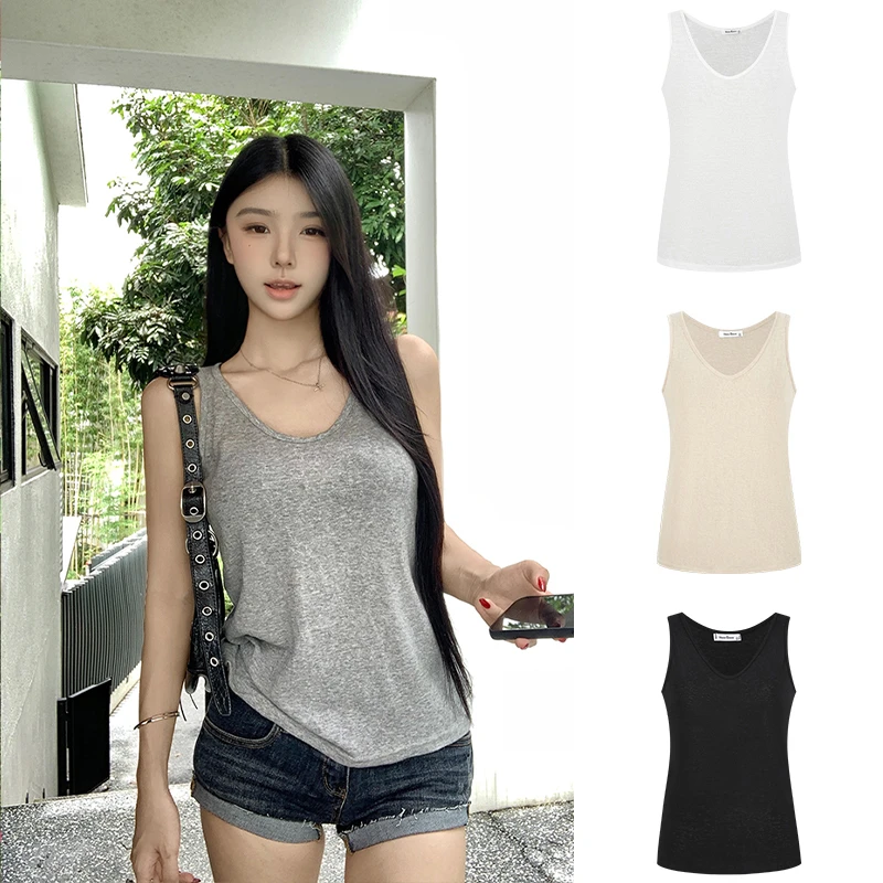 Moses Queen/魔西女王慵懒风V领微透外穿背心宽松显瘦气质上衣