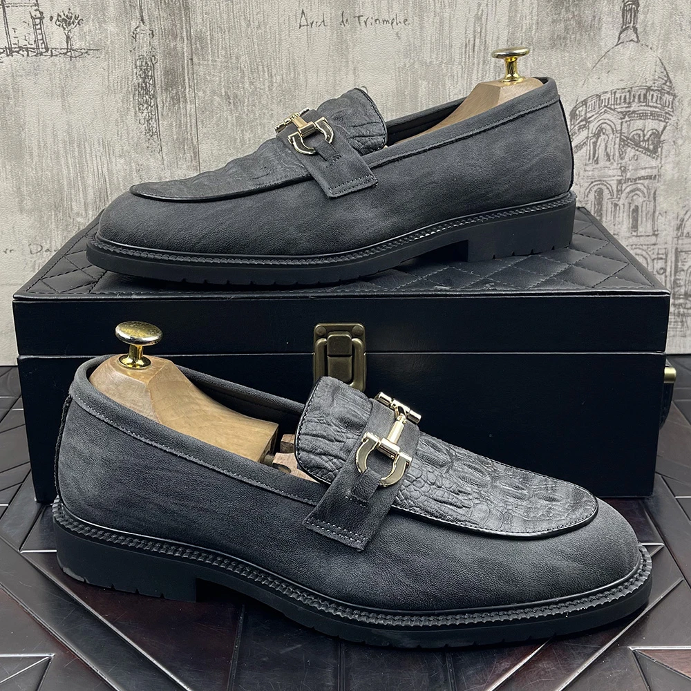 潮流鳄鱼纹一脚蹬尖头皮鞋男英伦马衔扣休闲乐福鞋懒人增高豆豆鞋