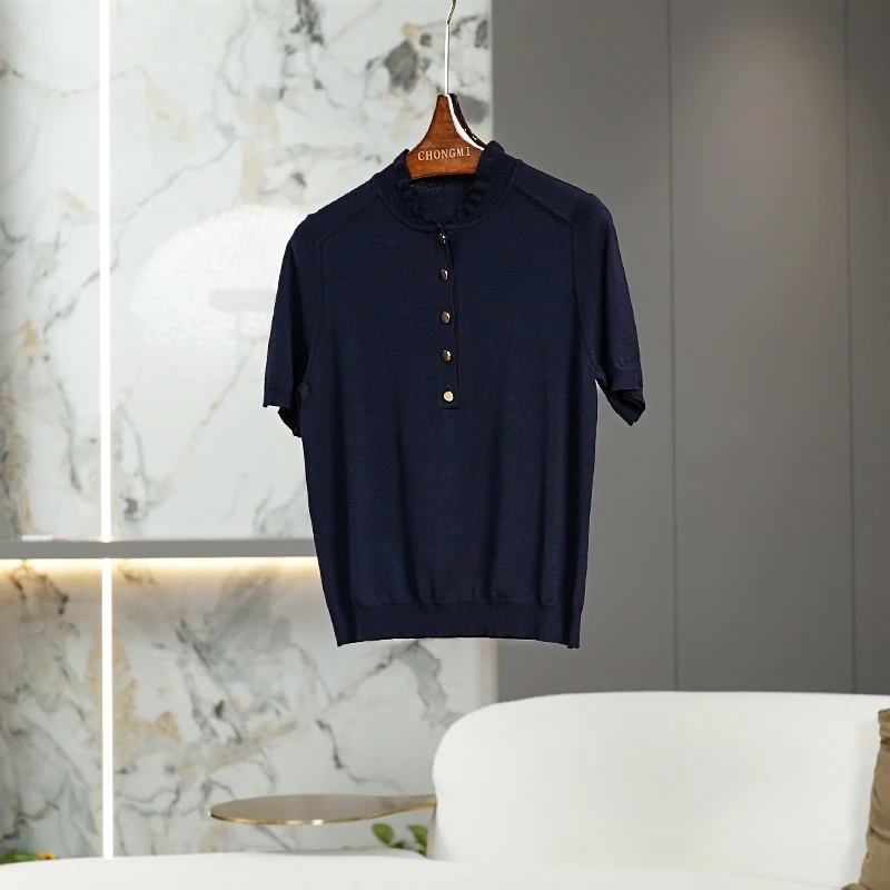 藏蓝色中袖荷叶领毛针织衫女2025春季新款时尚百搭气质女士上衣