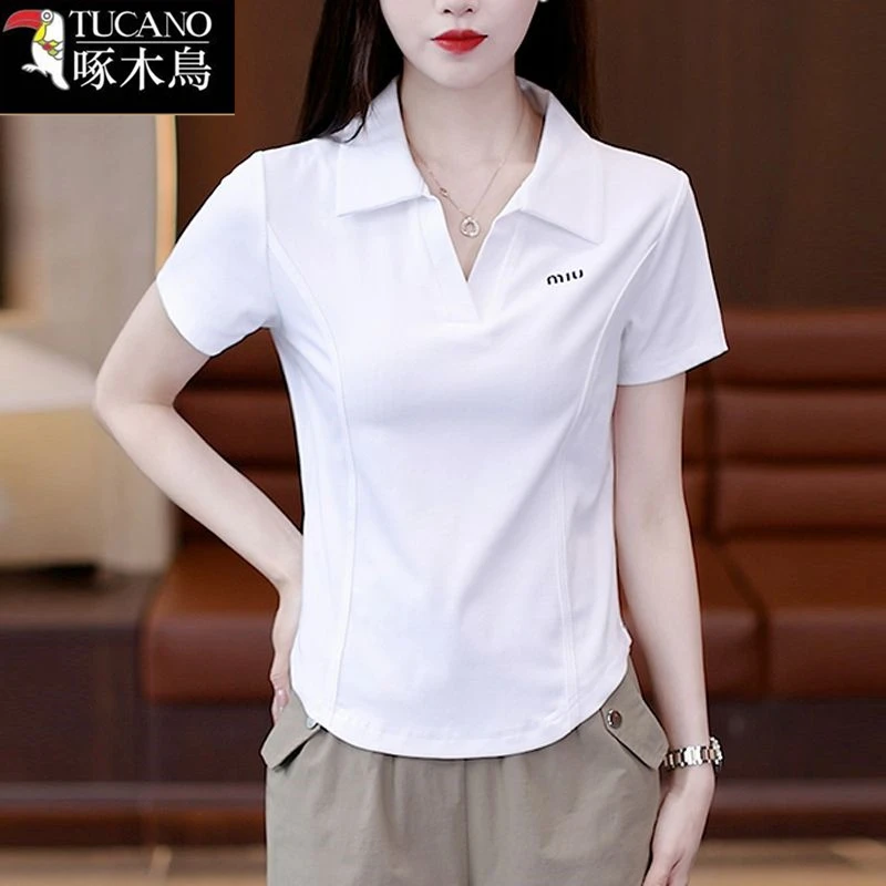 啄木鸟正品夏季短袖翻领设计感T恤女2025新款气质名媛纯色V领上衣