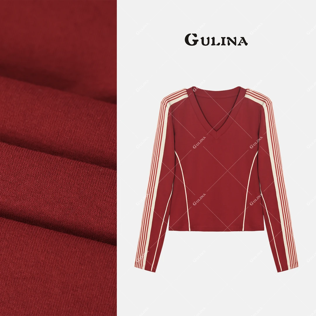 GULINA/娜姐秋季欧洲站设计师百搭撞色三条杠长袖T恤88520