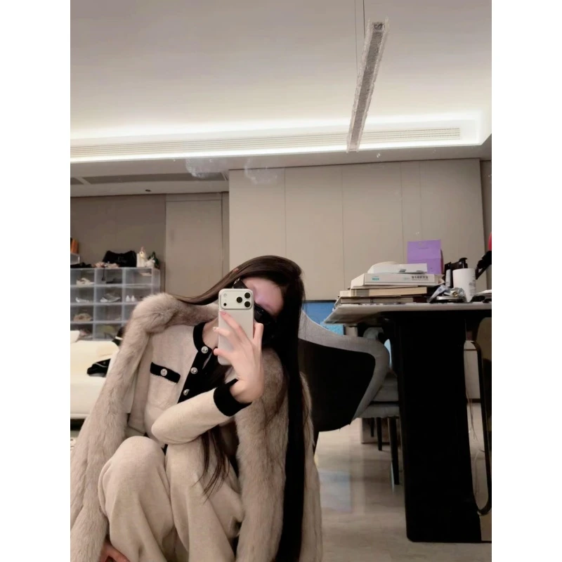 法式高级感时髦穿搭女秋冬气质小香风针织开衫休闲直筒长裤两件套