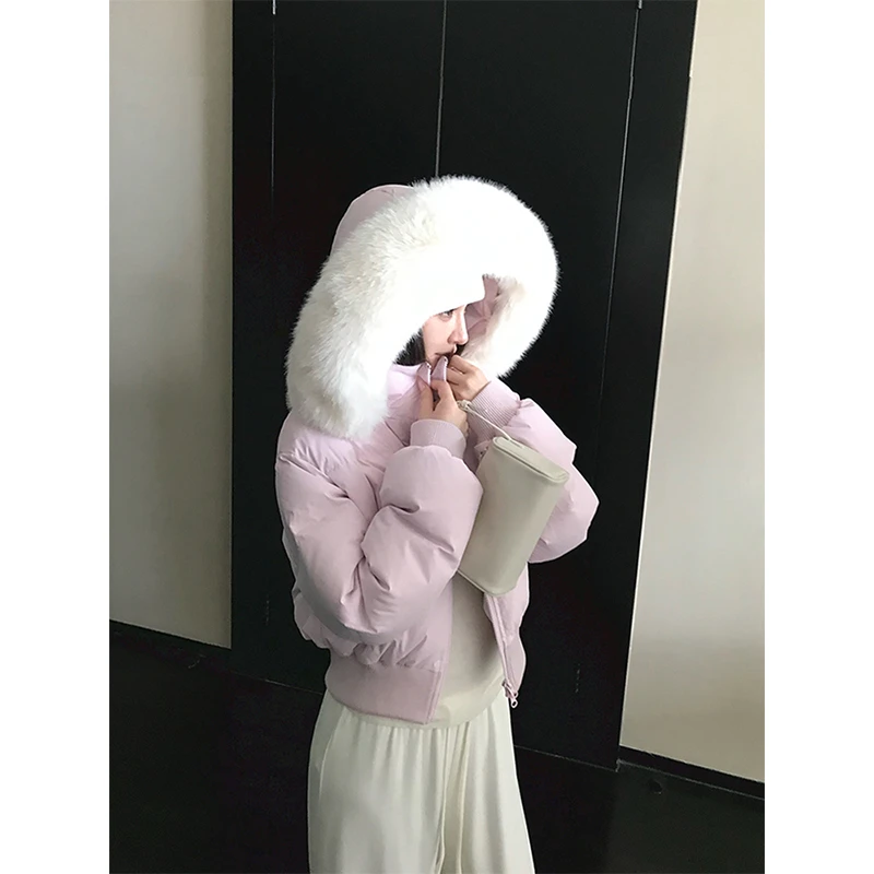 现货美式气质毛毛领粉色收腰短款棉服冬季设计感修身显瘦保暖棉衣