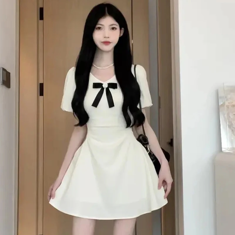 收腰裙蝴蝶结2025夏季新款收腰短款显瘦A字裙短袖连衣裙D1175