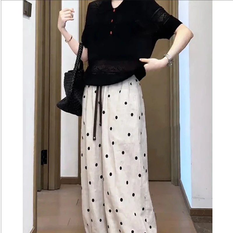 2025夏季新款松弛感波点直筒宽松显瘦休闲裤潮高腰慵懒束脚裤女