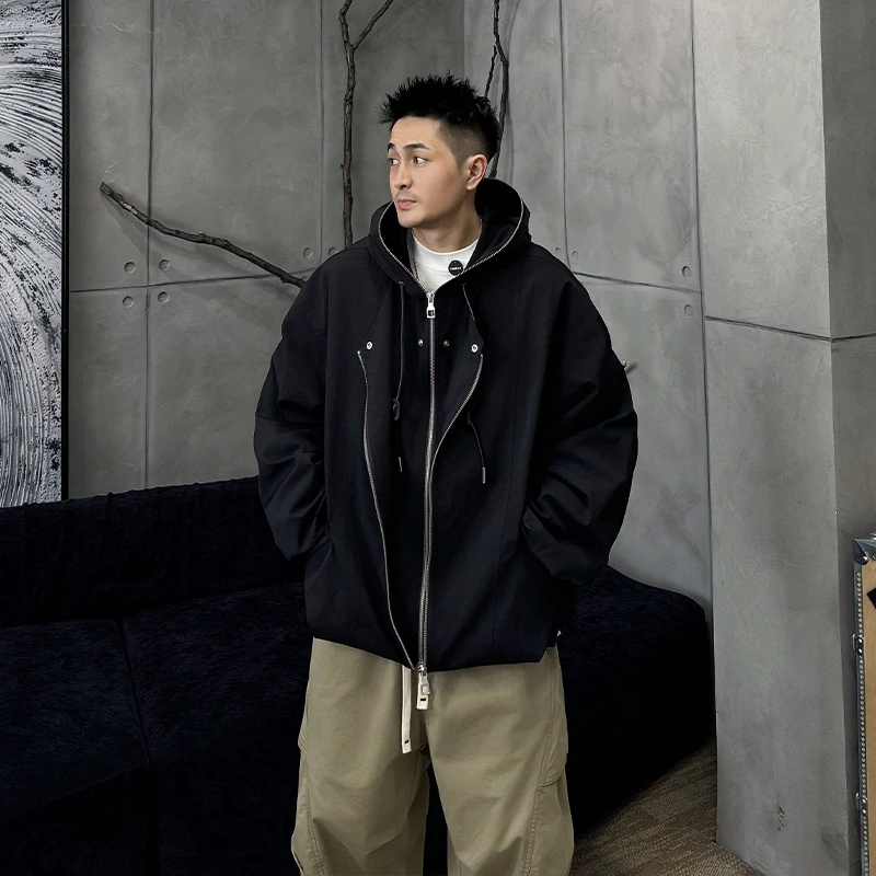 到位男装25ss春季日系休闲宽松拼接假俩件连帽夹克外套H306