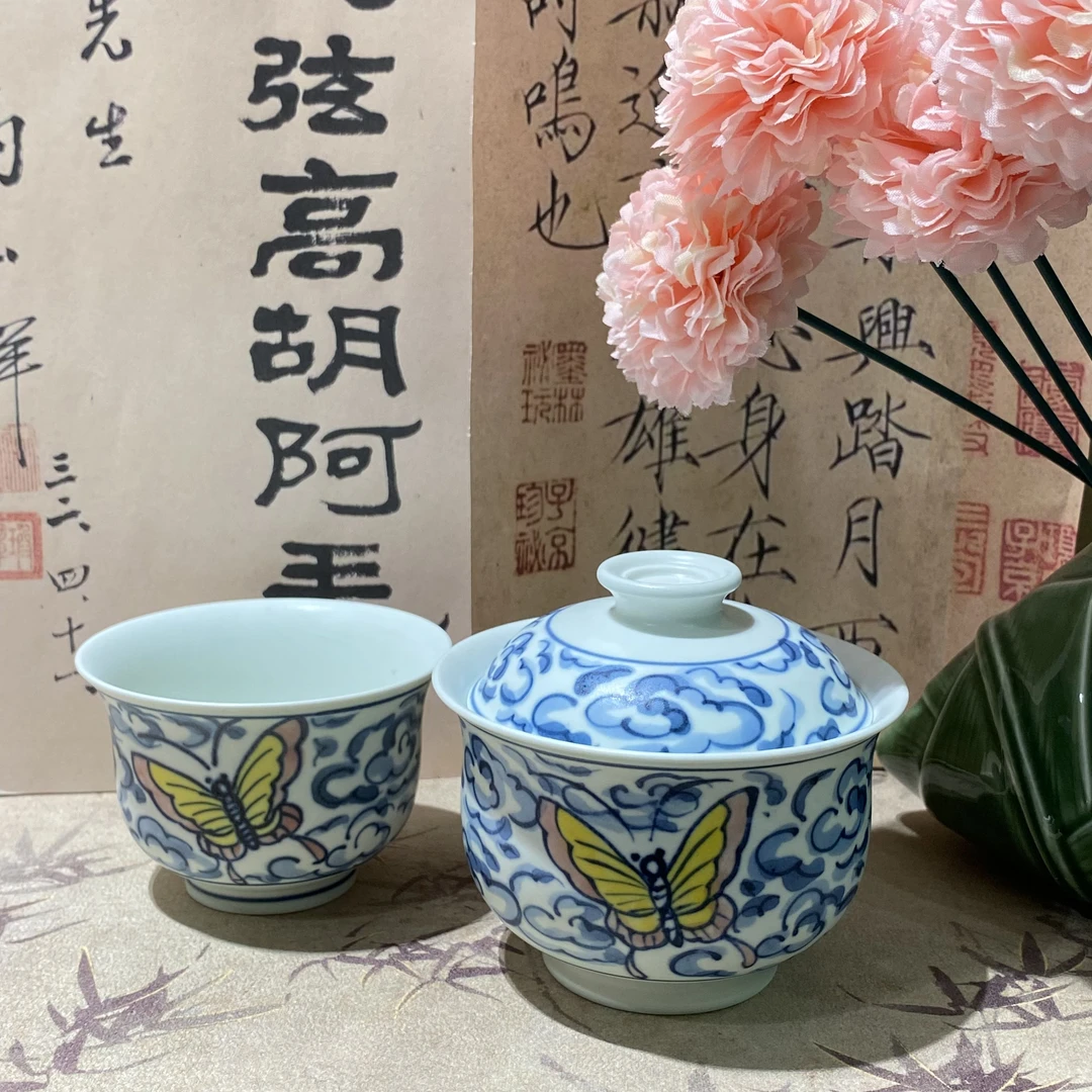 景德镇设计师款亚青手工手绘小盖碗（120ML)+杯