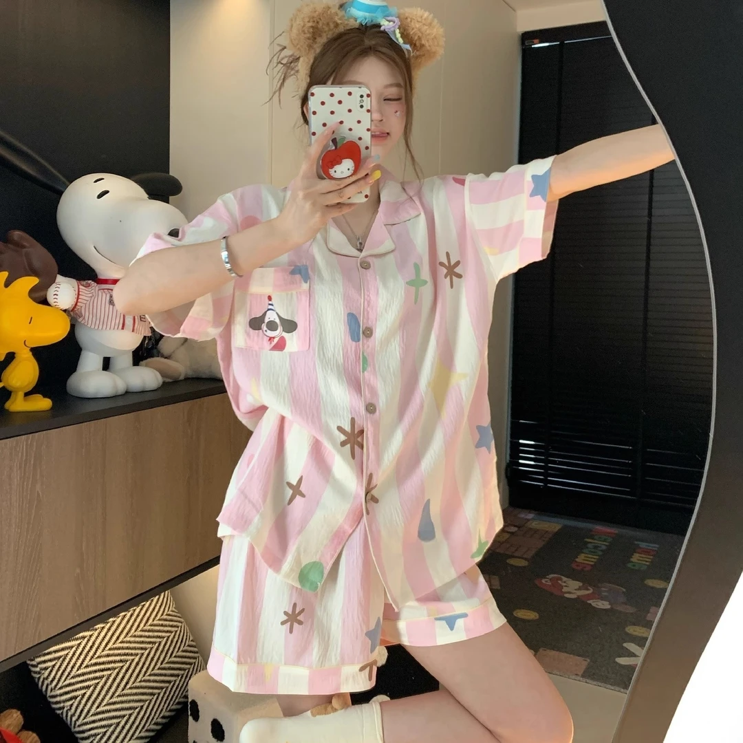 云朵棉条纹小狗睡衣女套装夏季短袖韩版可爱卡通宽松爆款居家居服