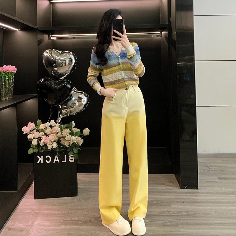 网红炸街多巴胺减龄彩色针织长袖上衣黄色高腰牛仔长裤时尚套装女