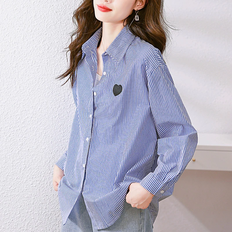 蓝条纹衬衫女长袖秋新款设计感小众针织披肩上衣纯棉衬衣